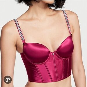 Victorias Secret Elegant Red Satin Bustier Rhinestone Straps NWOT 34DD